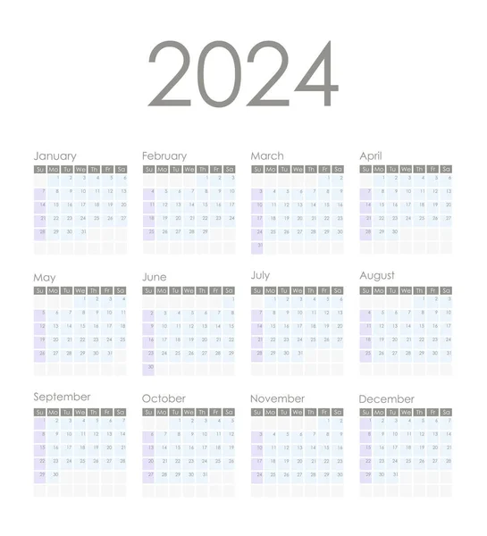 Kalendář 2024 Týden Začíná Neděli Grafický Design Vektorová Ilustrace — Stockový vektor