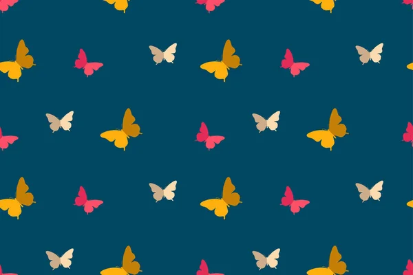 Kelebek desensiz. Koyu mavi arka planda sarı, pembe ve beyaz kelebekler. Vektör tasarımı.