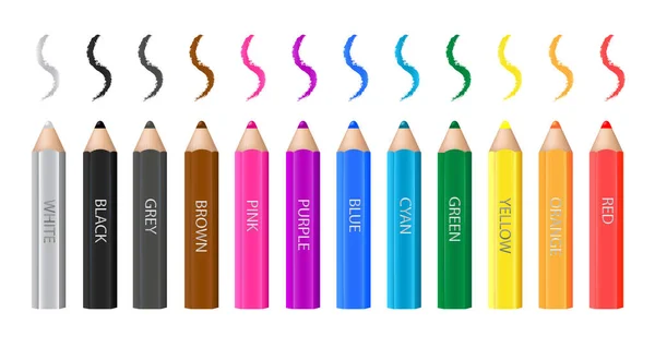 色彩斑斓的铅笔和笔迹 英文中的颜色名称 白色背景 矢量设计 — 图库矢量图片