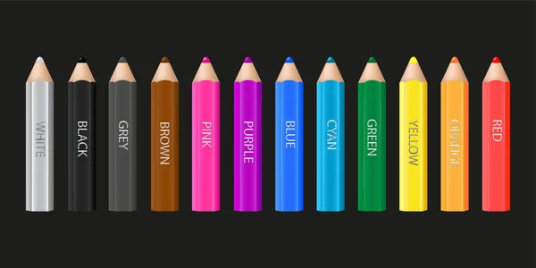 Crayons Colorés Avec Des Noms Couleurs Fond Noir Conception Vectorielle — Image vectorielle