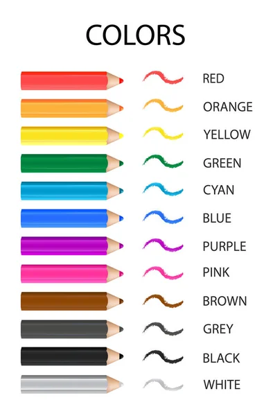 Crayons Avec Des Noms Couleur Blanc Noir Gris Brun Rose — Image vectorielle