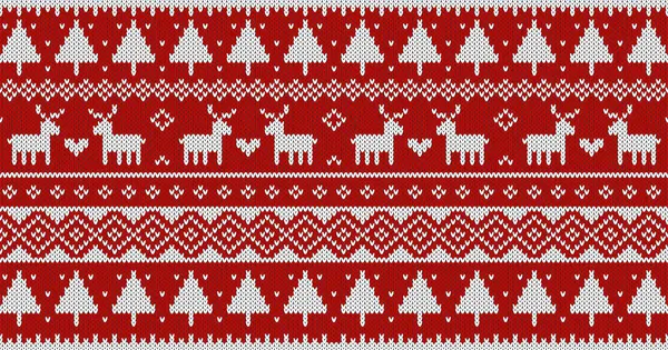 Noel süveteri, geyik ve ağaçlarla örülmüş. Kırmızı arka planda beyaz süs. Vektör tasarımı.