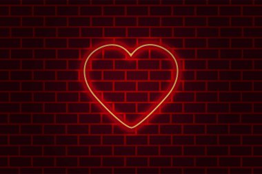 Koyu tuğla duvarda kırmızı neon bir kalp. Vektör tasarımı