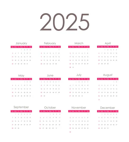 Takvim 2025 kırmızı. Hafta pazar günü başlıyor. Vektör tasarımı.