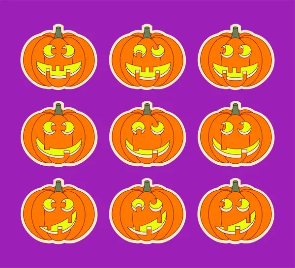  Cadılar Bayramı gülümseyen balkabağı feneri çıkartması seti. Vektör tasarımı.