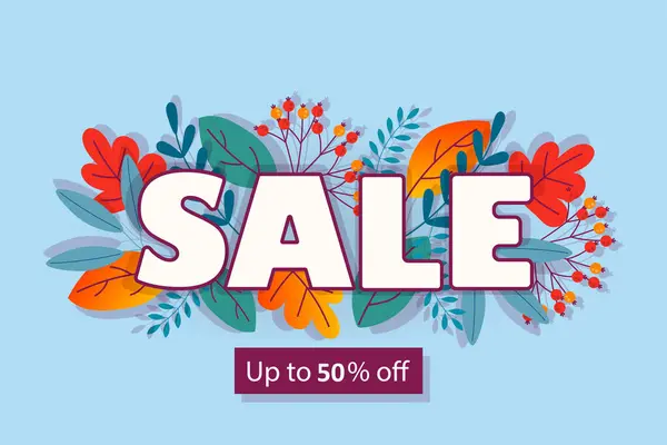 Renkli yapraklı sonbahar indirimi afişi. % 50 indirimli. Vektör tasarımı.