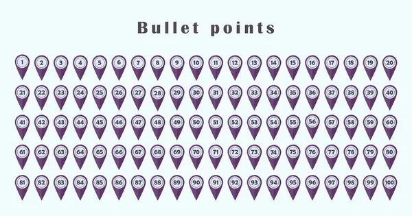 Mermi noktası 1 'den 100' e ayarlandı. Beyaz daireli mor işaretler. Vektör tasarımı.