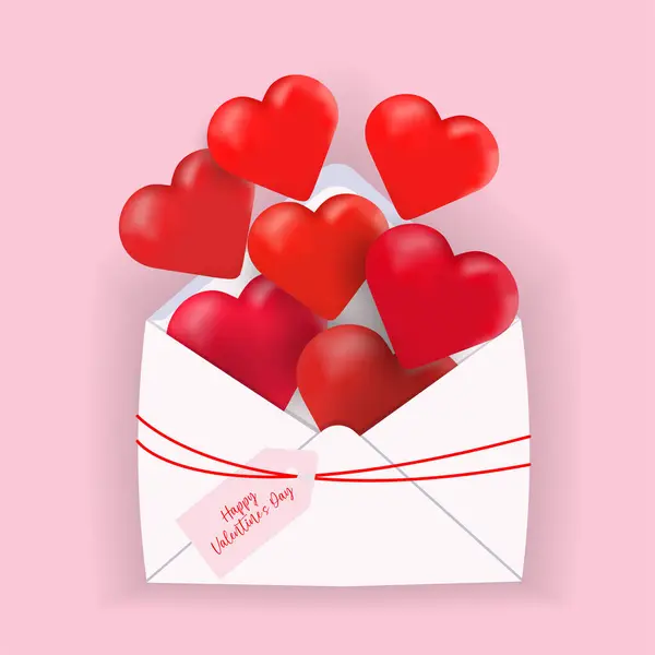 Zarfta büyük kırmızı kalpler ve küçük bir etiket Sevgililer Günün kutlu olsun