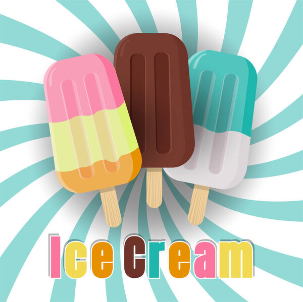 Ice cream banner on blue and white background. Vector design.