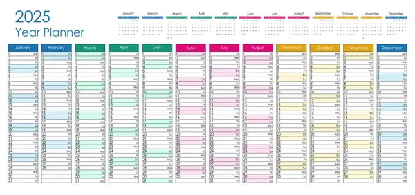 2025 renkli yıl planlamacısı. Vektör tasarımı.