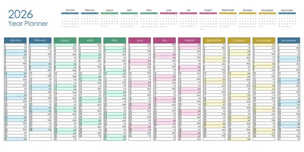 2026 renkli yıl planlayıcısı. Vektör tasarımı.
