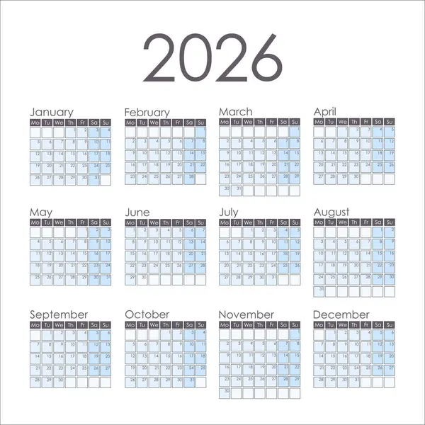 Takvim 2026 kare. Hafta pazartesi başlıyor. Vektör tasarımı.