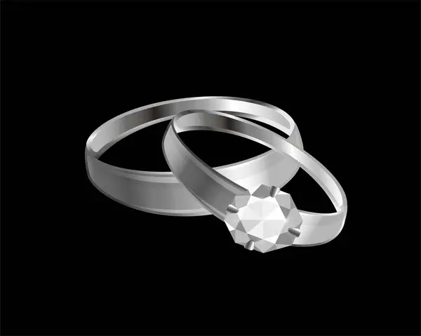 Gümüş yüzükler, birinde elmas var. Siyah arka plan. Vektör tasarımı. 