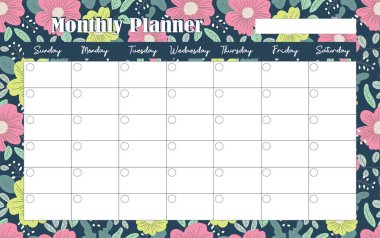 Renkli bir çiçek arka planında aylık planlama şablonu. Vektör tasarımı.