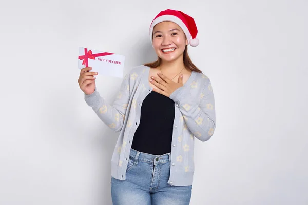 Acción Gracias Joven Mujer Asiática 20S Sombrero Navidad Mostrando Certificado — Foto de Stock