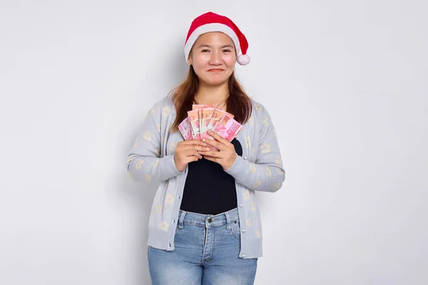 Sonriente Joven Asiática Unos Años Con Sombrero Navidad Celebración Rupia — Foto de Stock