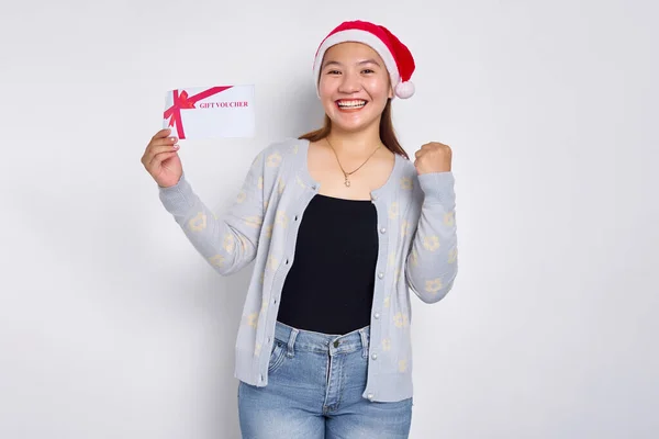 Joyful Young Asian Woman 20S Santa Claus Hat Holding Gift Stock Picture