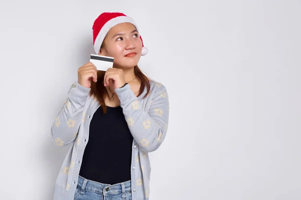 Cheerful Excited Young Asian Woman Christmas Hat Showing Blank White Stock Photo