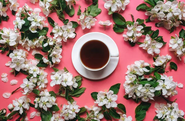A cup of tea stands on a pink background surrounded by white flowers of an apple tree. The concept of spring tea and medicinal decoctions.