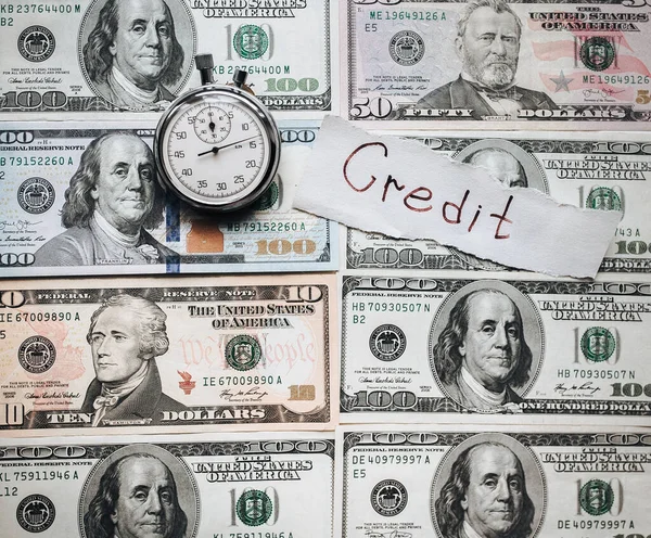 Kredi Borcu Tefeci Kronometre Dolar Zaman Para Konseptidir Banknotlar Madeni — Stok fotoğraf