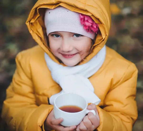 Little Girl Drinking Tea Autumn Park Beautiful Child Girl Cup Royalty Free Stock Photos