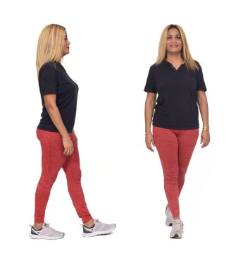 side and front view of a woman walking on white background