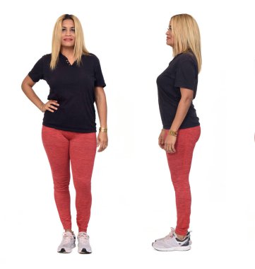 front and side view of same woman with sportswear o white background