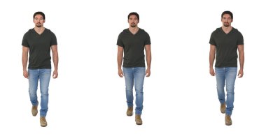 various poses of front view of man same walking on white background