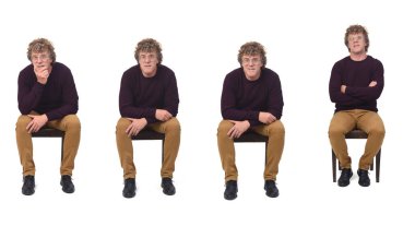 Beyaz arka planda oturan aynı adamın çeşitli pozları.