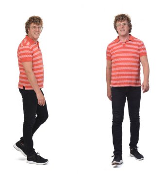 Beyaz arka planda yürüyen aynı adamın ön ve yan görüntüsü