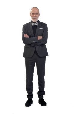 Takım elbiseli ve papyonlu bir adamın beyaz arka planda kameraya ve kollara baktığı ön manzara.