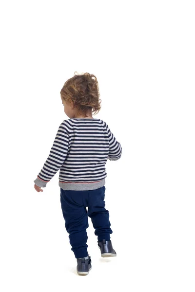 Vista Trasera Bebé Caminando Sobre Fondo Blanco —  Fotos de Stock