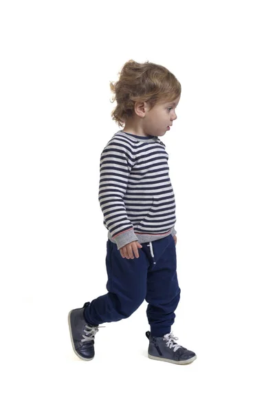Side View Baby Boy Walking White Background — Stockfoto