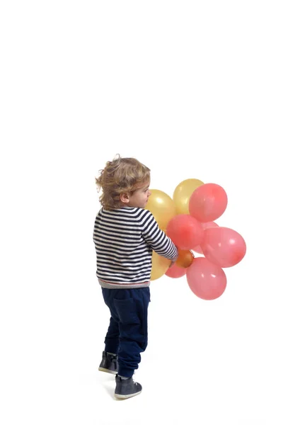 Vista Lateral Para Trás Bebê Brincando Com Balão Fundo Branco — Fotografia de Stock