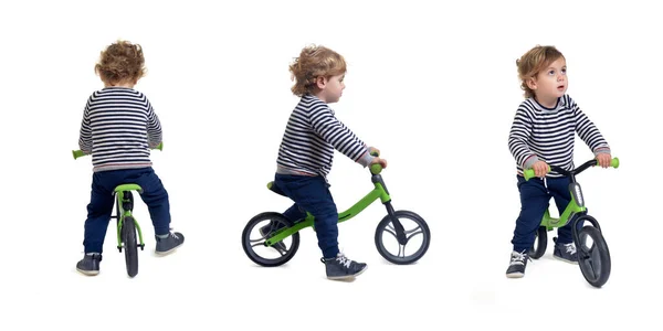 front,side and back view  same baby boy playing with bicycling on white background