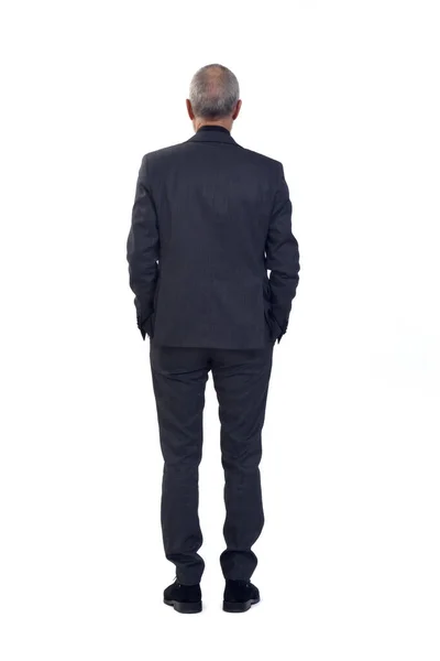 Back View Man Standing Suit Two Hands Pockets White Background — Stock Photo, Image