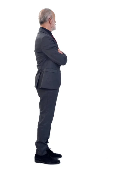 Takım Elbiseli Kravatlı Bir Adamın Yan Görünüşü Kolları Beyaz Arka — Stok fotoğraf