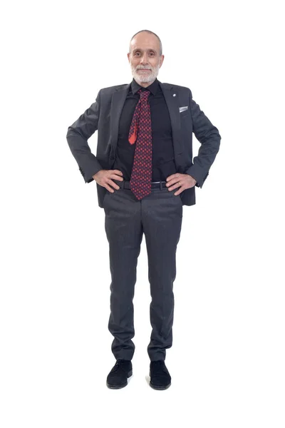 Přední Pohled Muže Stojící Oblekem Kravatou Pažemi Akimbo Bílém Pozadí — Stock fotografie