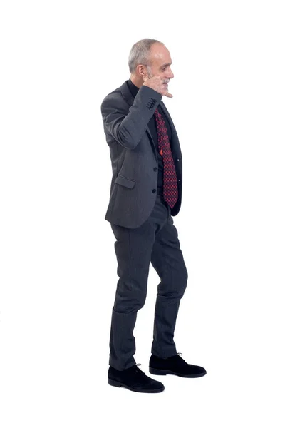 Elleri Beyaz Arkaplanlı Bir Adam Telefon Hareketi Yapıyor — Stok fotoğraf