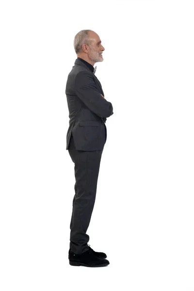 Side View Man Standing Suit Bow Tie Arms Crossed White — Stock Photo, Image