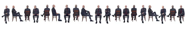 Linha Grande Grupo Mesmo Homem Várias Poses Sentadas Cadeira Fundo — Fotografia de Stock
