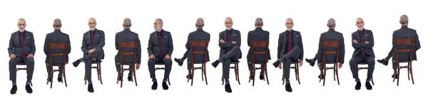 Přední Zadní Pohled Stejného Muže Sedícího Židli Bílém Pozadí — Stock fotografie