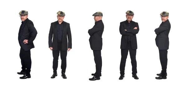 白い背景にスーツと帽子を着た同じ男の集団の正面と側面図 — ストック写真