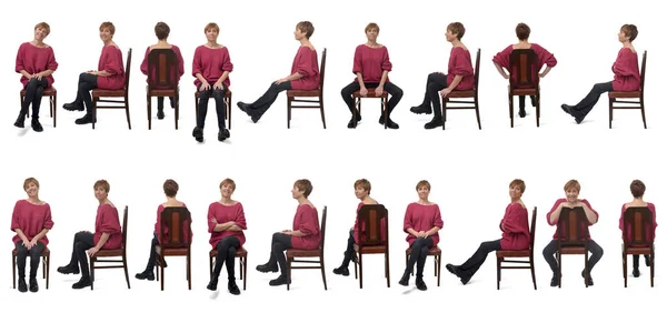 Grupo Mesma Mulher Sentada Cadeira Várias Poses Fundo Branco — Fotografia de Stock