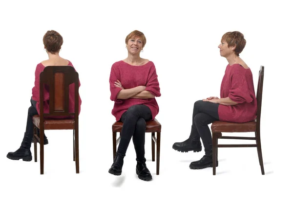 Costas Frente Vista Lateral Mesma Mulher Sentada Cadeira Fundo Branco — Fotografia de Stock