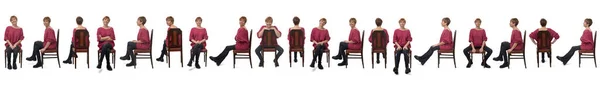 Linha Grupo Mesma Mulher Sentada Cadeira Várias Poses Fundo Branco — Fotografia de Stock