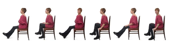 Πλαϊνή Όψη Της Ίδιας Γυναίκας Διάφορες Στάσεις Κάθεται Καρέκλα Λευκό — Φωτογραφία Αρχείου