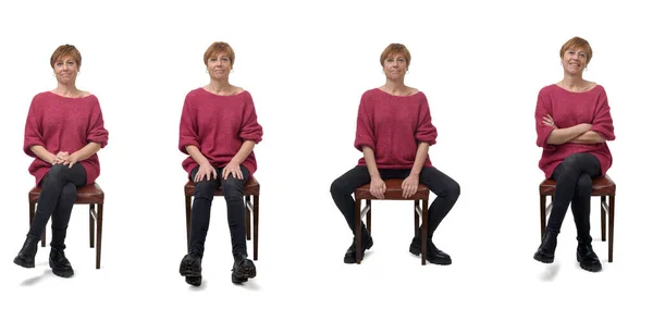 Vista Frontal Mesma Mulher Várias Poses Sentadas Cadeira Fundo Branco — Fotografia de Stock