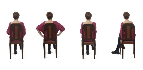 Vista Grupo Mesma Mulher Sentada Cadeira Com Perna Cruzada Fundo — Fotografia de Stock