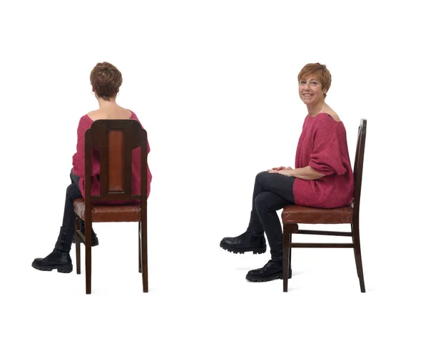 Costas Vista Lateral Mesma Mulher Sentada Cadeira Com Perna Cruzada — Fotografia de Stock
